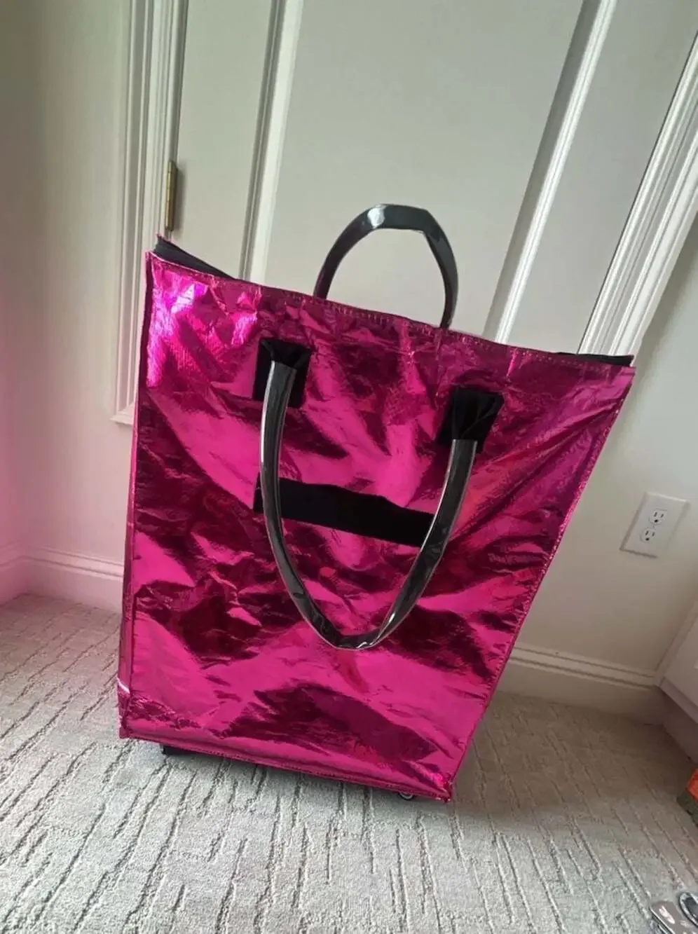 Zoey & Zuri Rolling Bag - Metallic Pink Collapsible Shopping Tote